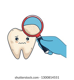 comic tooth with dentist and magnifying glass