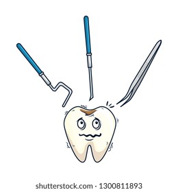 comic tooth with dentist tools kawaii character