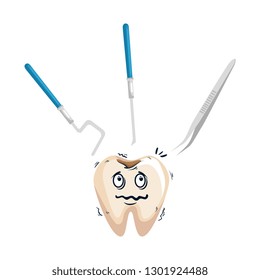 comic tooth with dentist tools kawaii character