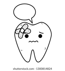comic tooth with speech bubble and bandages