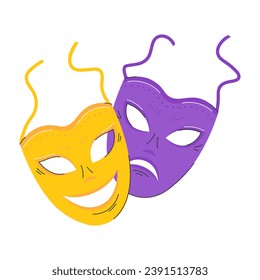 Comic and tragic mask icon. Masquerade, Theatrical masks. An element of a carnival costume. The symbol of Mardi Gras, the Brazilian carnival. Flat Vector illustration isolated on a white background.