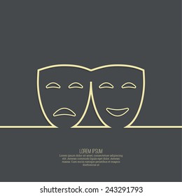 Comic and tragic theatrical mask. Drama, tragedy, humor, comedy, performance genres. 