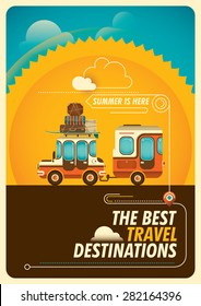 Comic traveling poster with trailer. Vector illustration.