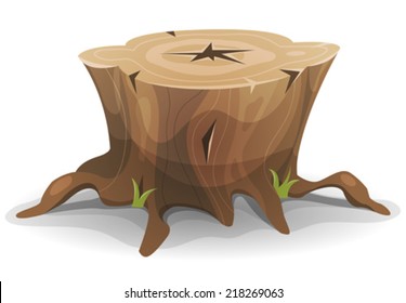 Comic Tree Stump/ Illustration of a cartoon funny big tree stump with roots and some blades of grass