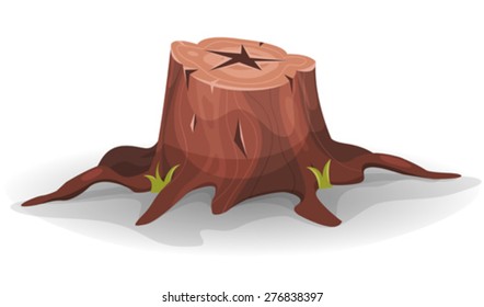 Comic Tree Stump/ Illustration of a cartoon funny pine tree stump with roots and some blades of grass