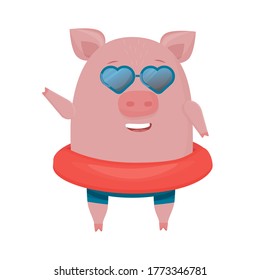 Comic trendy pig, piggy in sunglasses standing and smiling, summer funny character isolated on white background stock vector illustration
