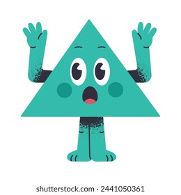 Comic triangle shape. Funny triangle character, geometric mascot with boggle emotion, cute triangle with funny face flat vector illustration. Comical geometric shape