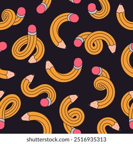 Comic twisted pencils seamless pattern. Twisted funny intertwined pencils endless design, cute school supplies flat vector background illustration. Curved pencils pattern