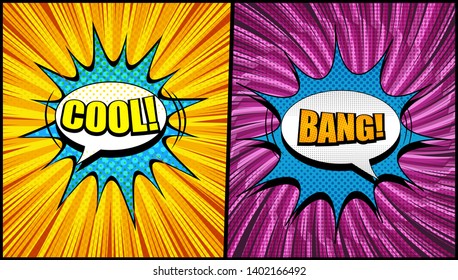 Comic two pages composition with Cool and Bang wordings colorful speech bubbles radial halftone and rays humor effects. Vector illustration