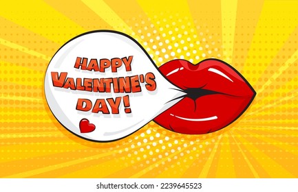 Comic Valentines Day banner. Lips and gum bubble on yellow background in pop art style. Cartoon holiday illustration
