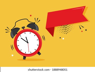 Comic vector cartoon alarm clock and ribbon banner on orange background. Space for your text. Advertising illustration