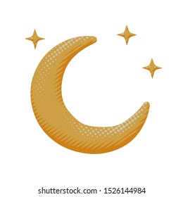 Comic vector design of astronomy orange moon night. Flat forecast poster of lunar celestial crescent in a nighttime dream with meteorology lines in nature idea or symbol for web art.