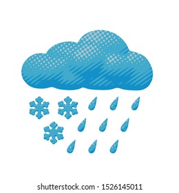 Comic vector design of sleet - rain and snow dropped from blue cloud. Cartoon forecast poster of cloudy and rainy slush cyclone with meteorology concept in paper cut object or sign for print art.
