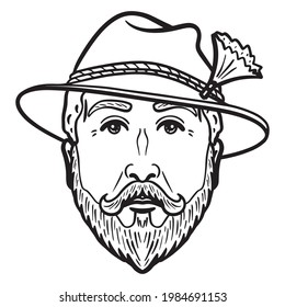 cabeza vectorial cómica de un hombre con sombrero y barba completa. contorno, monocromo, aislado.