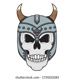 Comic vector illustration of a creepy skull with an old viking helmet on the head with horns. isolated on white background.