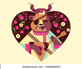 Comic vector illustration of Russian bear singing and playing balalaika. Symbol of Russia. Propaganda cliche of Russia and USSR. From Russia with Love.