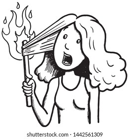 Comic Vector Illustration Of A Woman Smoothing Her Hair With A Straightener And Being Scared. The Device Starts To Burn. Outline, Cartoon, Sketch, Straight Hair, Accident.