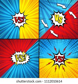 Comic versus backgrounds collection with bright inscriptions speech bubbles rays radial arrows circles lightnings halftone humor effects in yellow red blue colors. Vector illustration