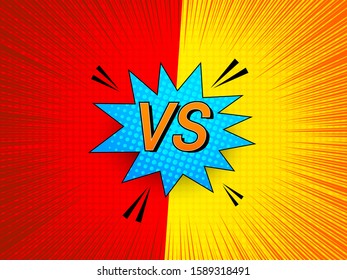 Comic versus bright background with red and yellow sides blue speech bubble VS letters different humor effects. Vector illustration