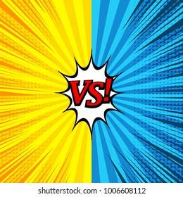 Comic versus bright background with two opposite yellow and blue sides, speech bubble, halftone, rays and radial effects. Vector illustration