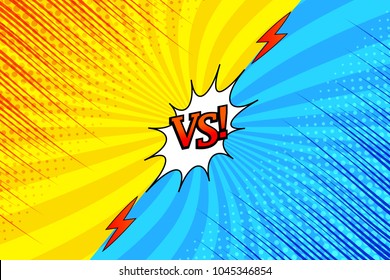 Comic versus bright background with two opposite yellow and blue sides, red inscription, lightnings, halftone, rays and radial effects. Vector illustration