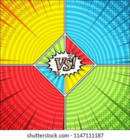 Comic versus bright concept with four sides rhombus shape in center white speech bubble VS inscription rays halftone circles radial humor effects in blue red green yellow colors. Vector illustration