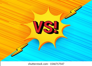 Comic versus bright concept with yellow speech bubble red Vs wording lightnings orange and blue dynamic speed lines. Vector illustration