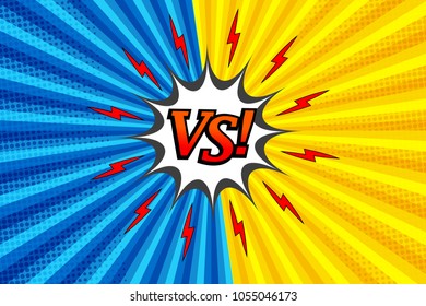 Comic versus colorful fight background with two opposite yellow and blue sides, red lightnings, white speech bubble, halftone and radial effects. Vector illustration