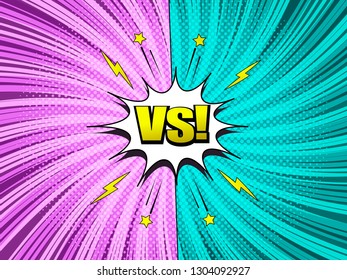 Comic versus colorful template with white speech bubble two pink and turquoise sides lightnings VS yellow inscription twisted rays halftone radial humor effects. Vector illustration