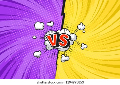 Comic versus competitive concept with radial rays halftone effects lightning speech bubble blue VS letters on yellow and red backgrounds vector illustration