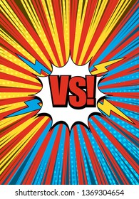 Comic versus composition with white speech bubble halftone lightnings rays radial humor effects in yellow blue red colors. Vector illustration