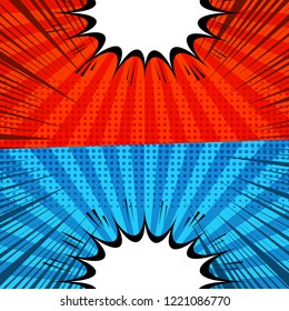 Comic versus and duel concept with two opposite blue and red sides blank speech bubbles rays halftone radial humor effects. Vector illustration