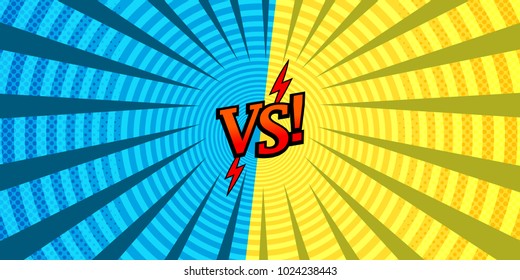 Comic versus dueling background with red inscription two blue and yellow sides, halftone, circle and rays effects. Vector illustration