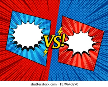 Comic versus elegant template with white speech bubbles VS wording lightnings square frames two opposite red and blue sides halftone radial rays humor effects. Vector illustration