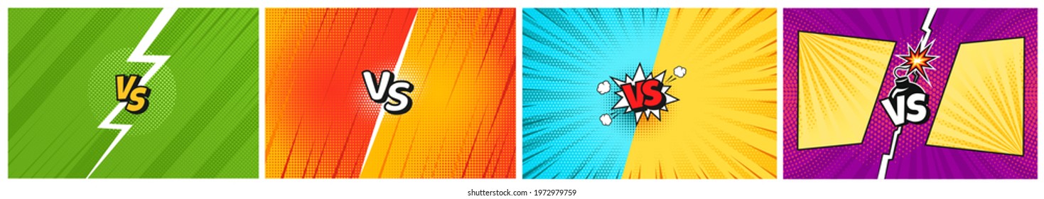 Comic versus fight battle background in retro pop art style. Cartoon team competition challenge banner with halftone texture vector set. Sport challenge, marital arts duel for games