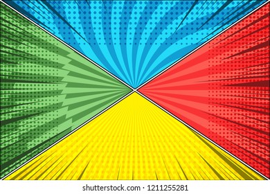 Comic versus and fight concept with four colorful frames different radial dotted rays humor effects. Vector illustration
