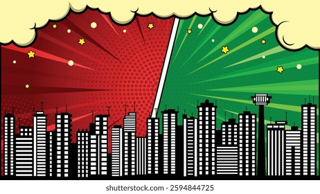 Comic versus fight template background with city and cloud.