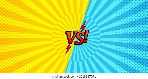 Comic versus horizontal background with two opposite yellow and blue sides, halftone and radial effects. Vector illustration