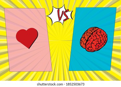 Comic versus horizontal background with two opposite  sides, love and brain emoji. halftone and radial effects on yellow background. Vector illustration