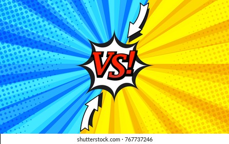 Comic versus horizontal background with two opposite sides, arrows, white speech bubble, radial and halftone effects in blue and yellow colors. Vector illustration