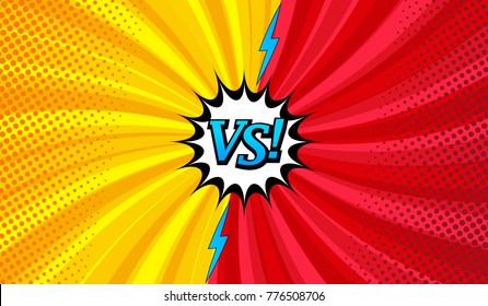 Comic versus horizontal background with two opposite sides, lightnings, speech bubble, twisted radial and halftone effects in red and yellow colors. Vector illustration