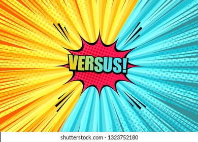 Comic versus light template with red speech bubble sound halftone radial rays humor effects in yellow and turquoise colors. Vector illustration