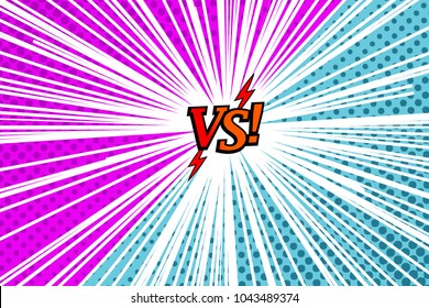 Comic versus rivalry template with two opposite sides, lightnings, halftone and rays effects in purple and blue colors. Vector illustration