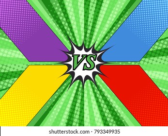 Comic versus template with four colorful frames for different opponents on green radial and halftone background. Vector illustration