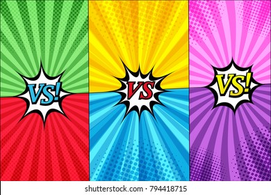 Comic versus templates set with three speech bubbles halftone and radial humor effects in different colors. Vector illustration