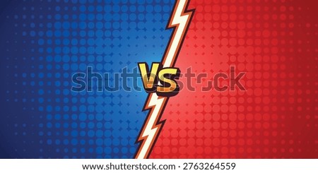 Comic Versus Vector Background. Versus Battle Screen. Versus vs Arena Split. Blue Red Halftone Divider. Game Competition Banner Template, Dynamic Fighting Poster Backdrop