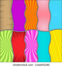 Comic vertical dynamic bright concept with different humor effects and dividing wavy lines. Vector illustration