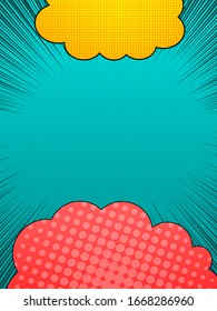 Comic vertical explosive dynamic concept with two speech bubbles opposite each others on rays and speed lines background. Vector illustration