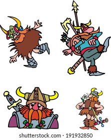 Comic viking warriors. Set of cartoon vector illustrations.