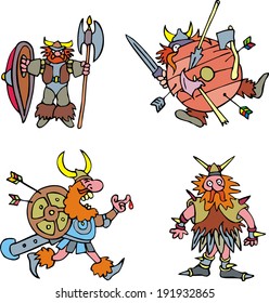Comic viking warriors. Set of cartoon vector illustrations.